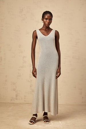 Aurohaya Wanda grey rhinestone knitted tank maxi dress