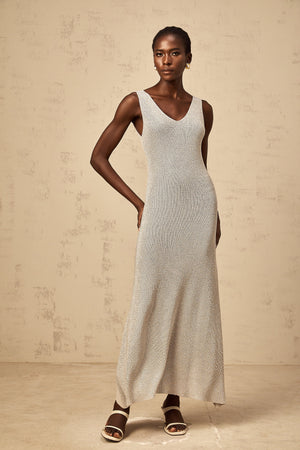 Aurohaya Wanda grey rhinestone knitted tank maxi dress