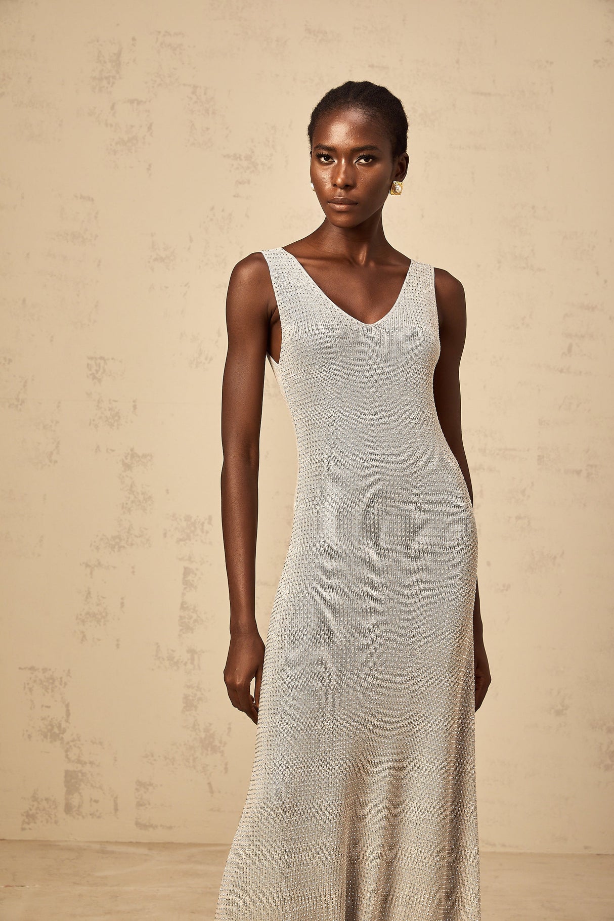 Aurohaya Wanda grey rhinestone knitted tank maxi dress