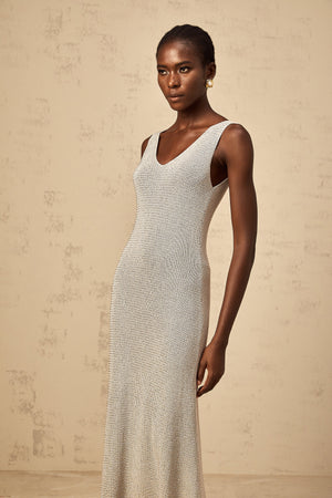 Aurohaya Wanda grey rhinestone knitted tank maxi dress