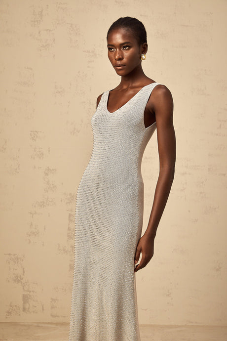Aurohaya Wanda grey rhinestone knitted tank maxi dress