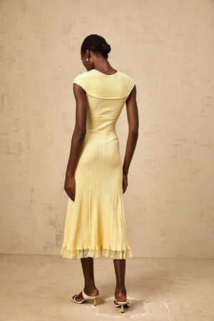 Aurohaya Airelle yellow lace-panelled rib-knit midi dress