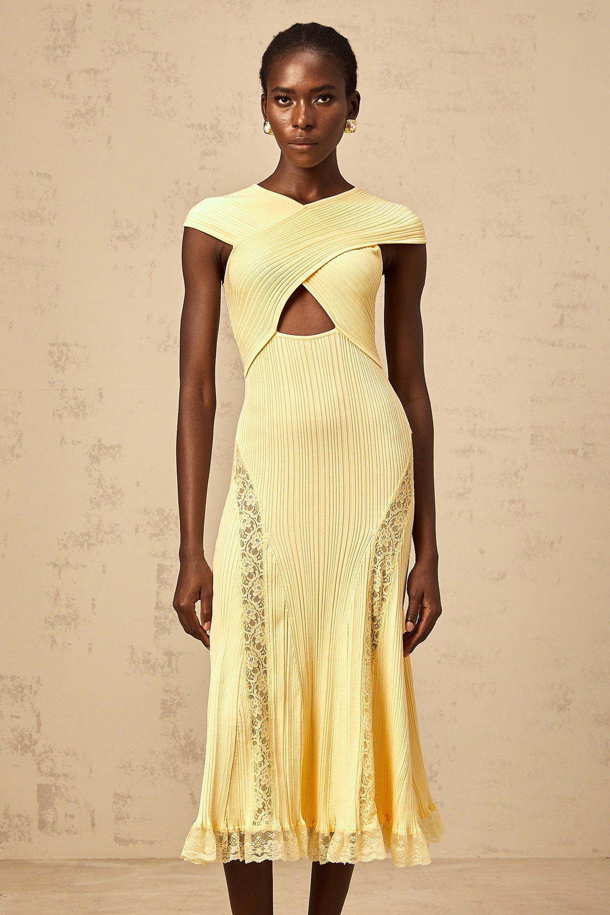 Aurohaya Airelle yellow lace-panelled rib-knit midi dress