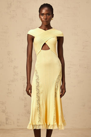 Aurohaya Airelle yellow lace-panelled rib-knit midi dress