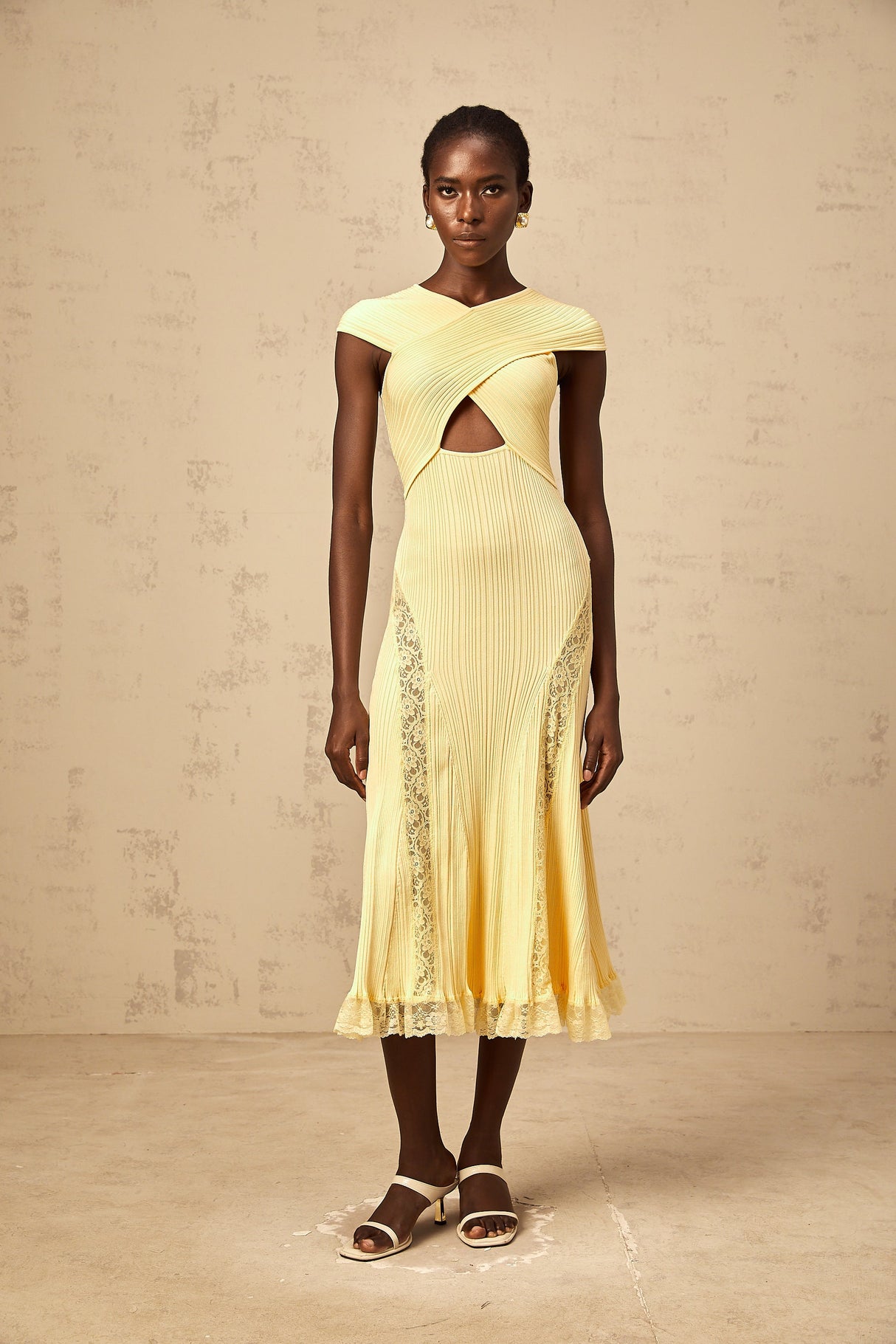 Aurohaya Airelle yellow lace-panelled rib-knit midi dress