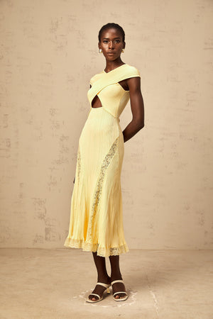 Aurohaya Airelle yellow lace-panelled rib-knit midi dress