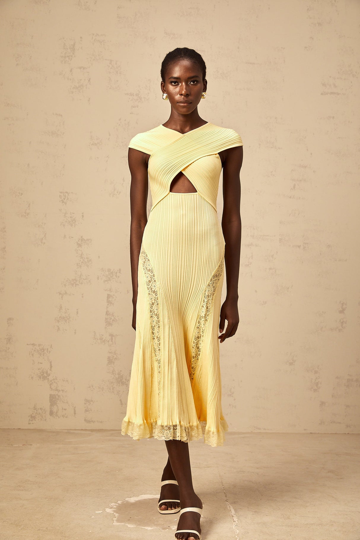 Aurohaya Airelle yellow lace-panelled rib-knit midi dress