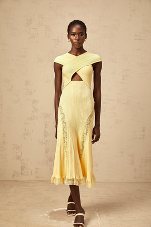 Aurohaya Airelle yellow lace-panelled rib-knit midi dress