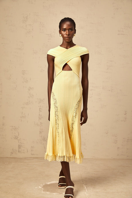 Aurohaya Airelle yellow lace-panelled rib-knit midi dress