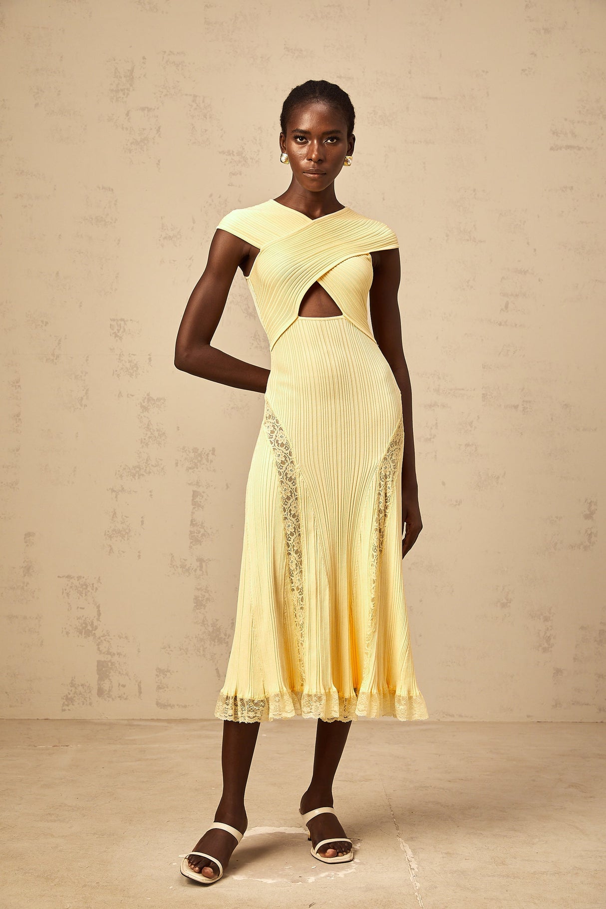 Aurohaya Airelle yellow lace-panelled rib-knit midi dress