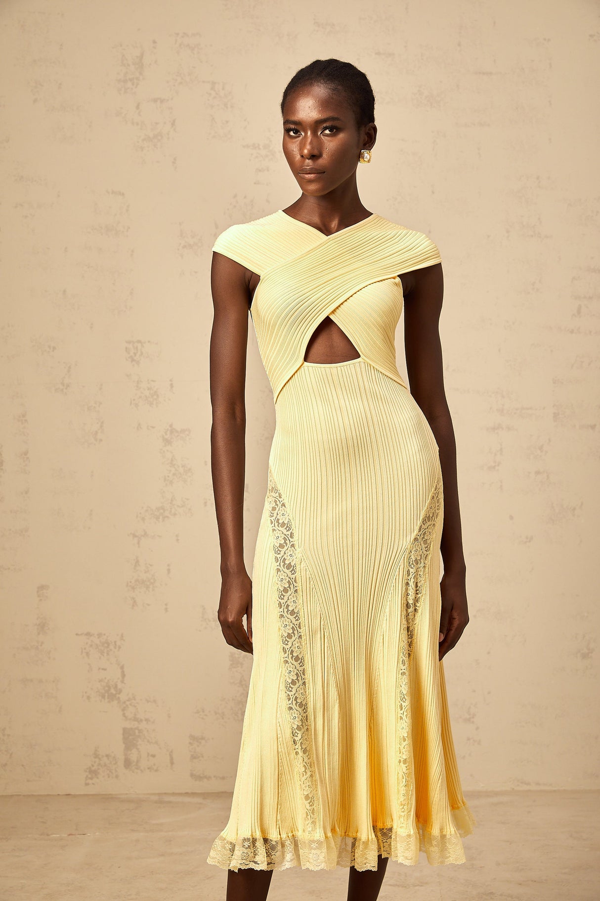 Aurohaya Airelle yellow lace-panelled rib-knit midi dress