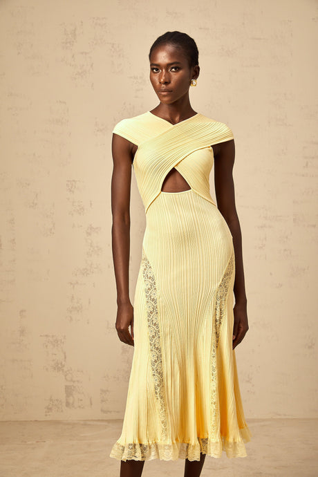 Aurohaya Airelle yellow lace-panelled rib-knit midi dress