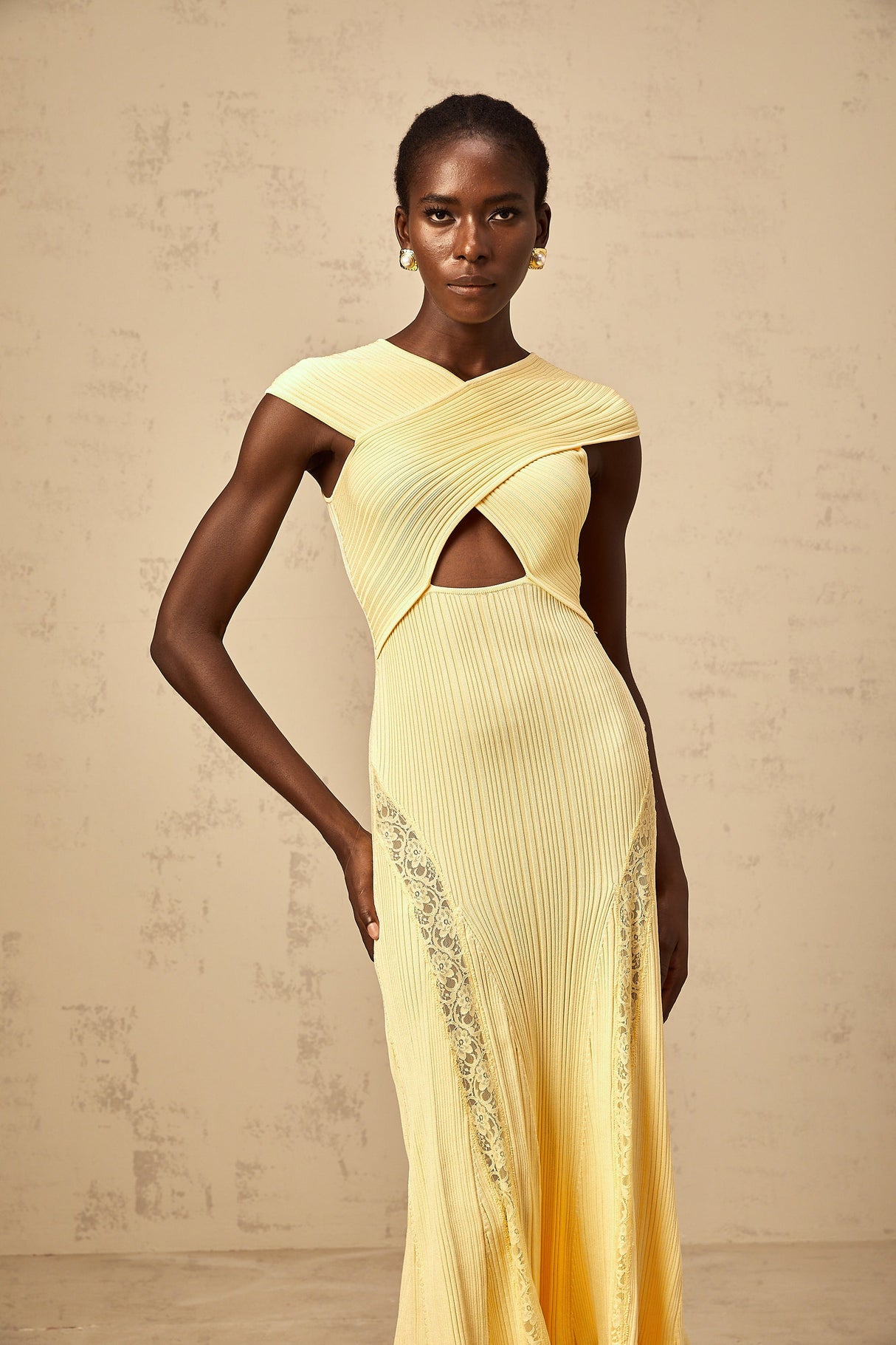 Aurohaya Airelle yellow lace-panelled rib-knit midi dress