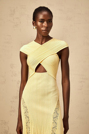 Aurohaya Airelle yellow lace-panelled rib-knit midi dress