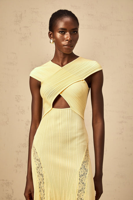 Aurohaya Airelle yellow lace-panelled rib-knit midi dress