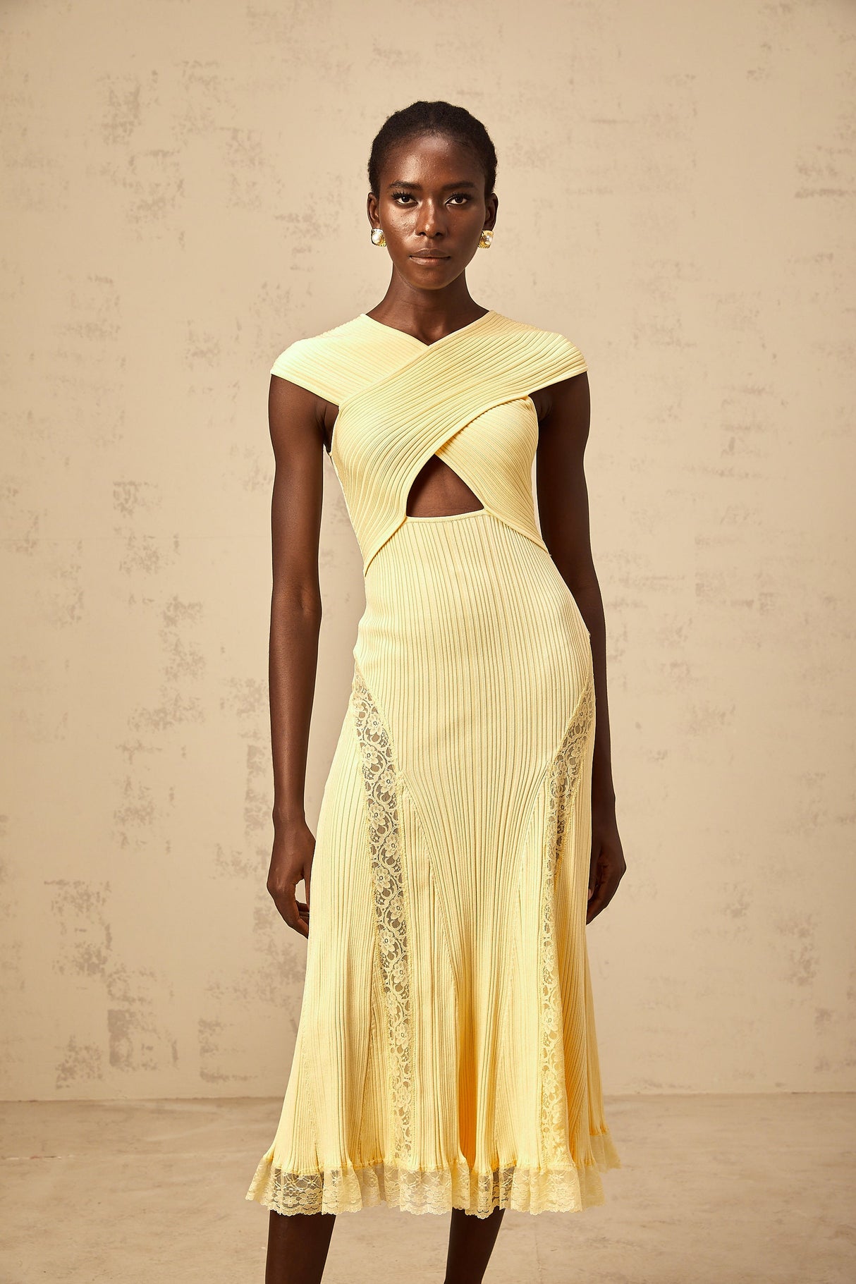 Aurohaya Airelle yellow lace-panelled rib-knit midi dress