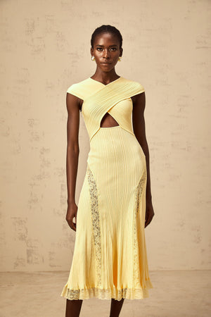 Aurohaya Airelle yellow lace-panelled rib-knit midi dress