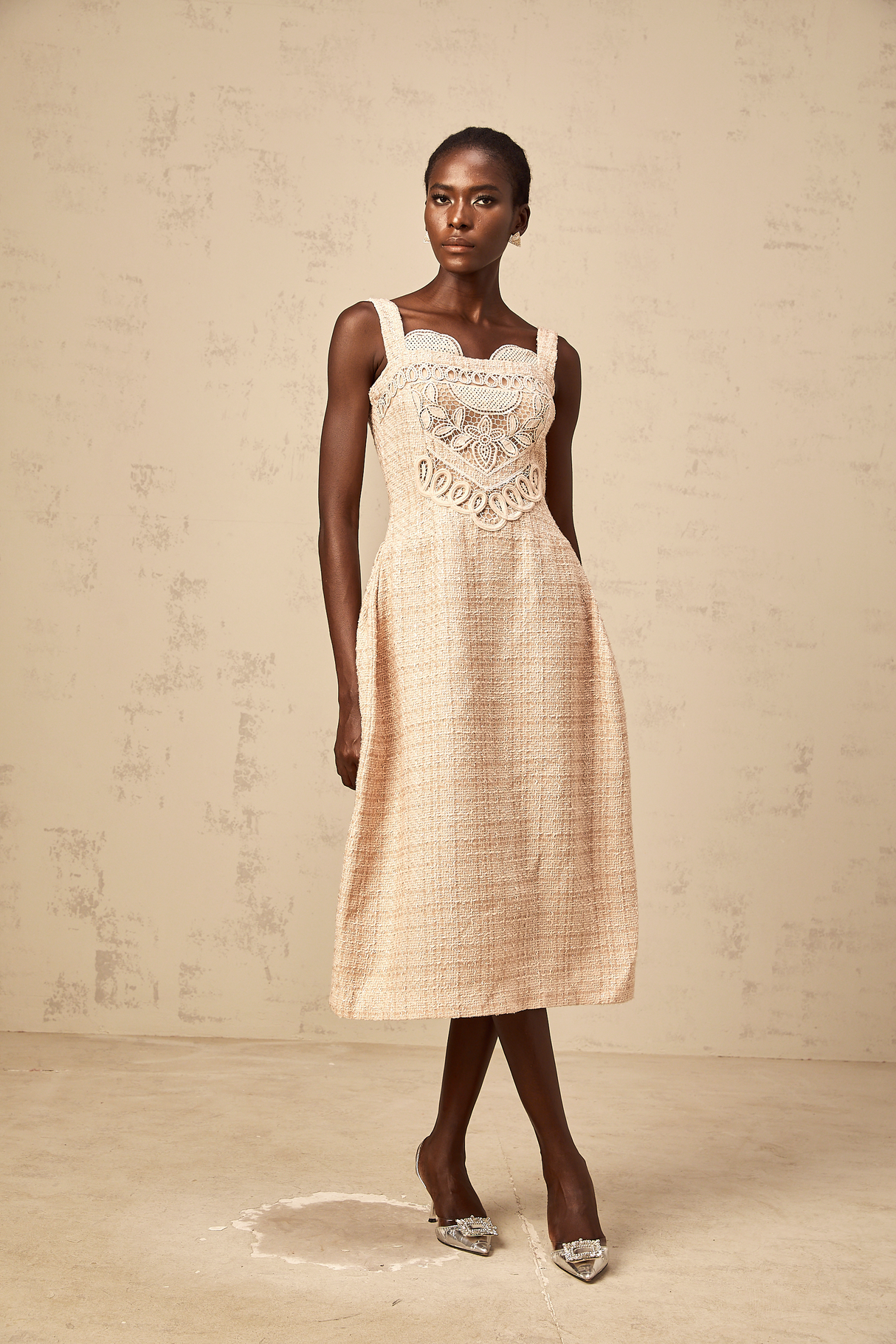 Aurohaya Véronica neutrals interwoven embroidered mini dress