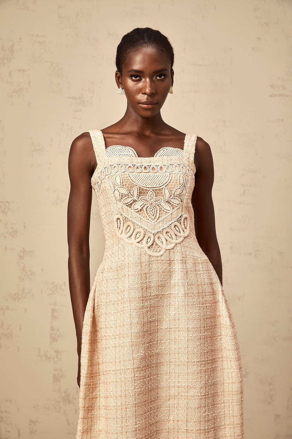 Aurohaya Véronica neutrals interwoven embroidered mini dress