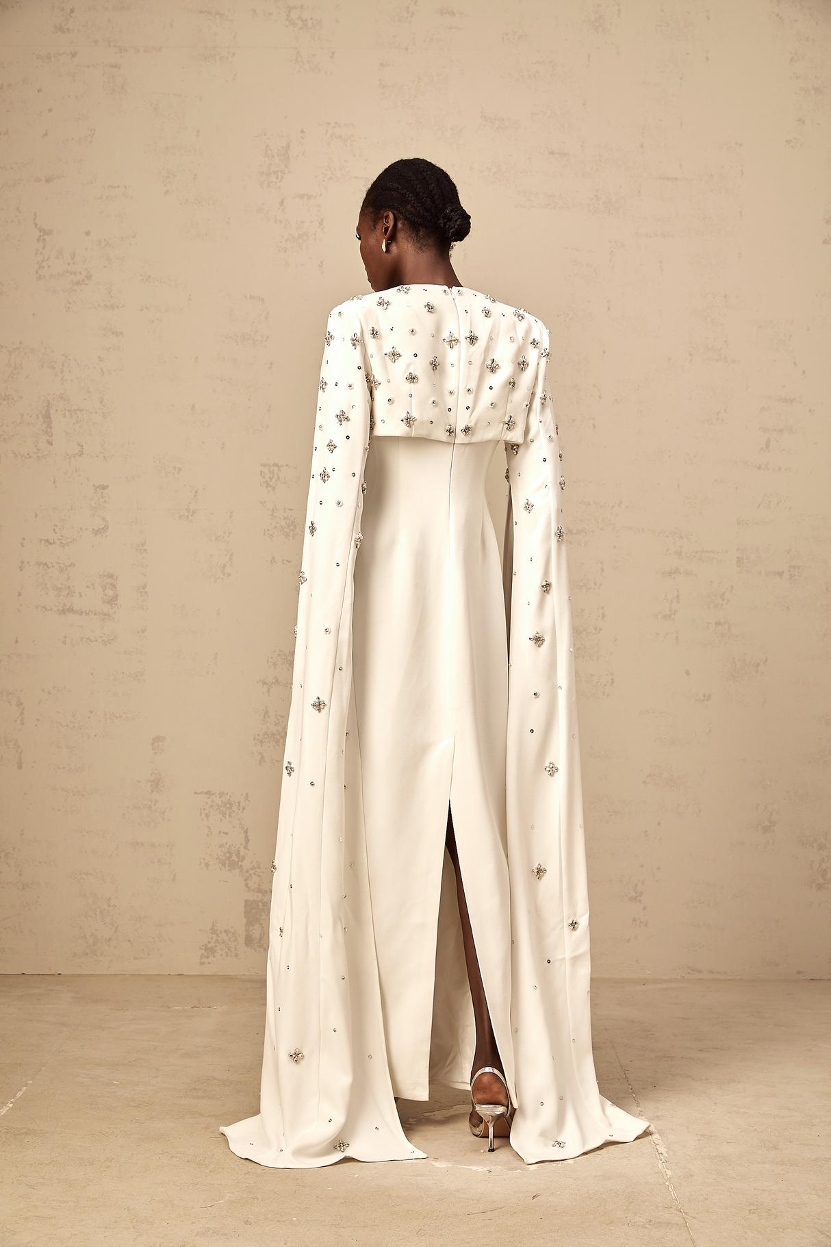 Aurohaya Fanny White Extra-long-sleeve Embellished Gown