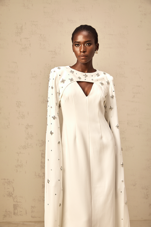 Aurohaya Fanny White Extra-long-sleeve Embellished Gown