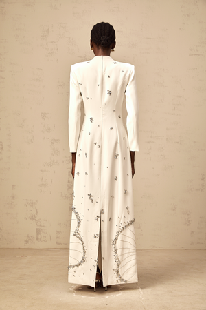 Aurohaya Daphné white lotus-motif embellished maxi dress