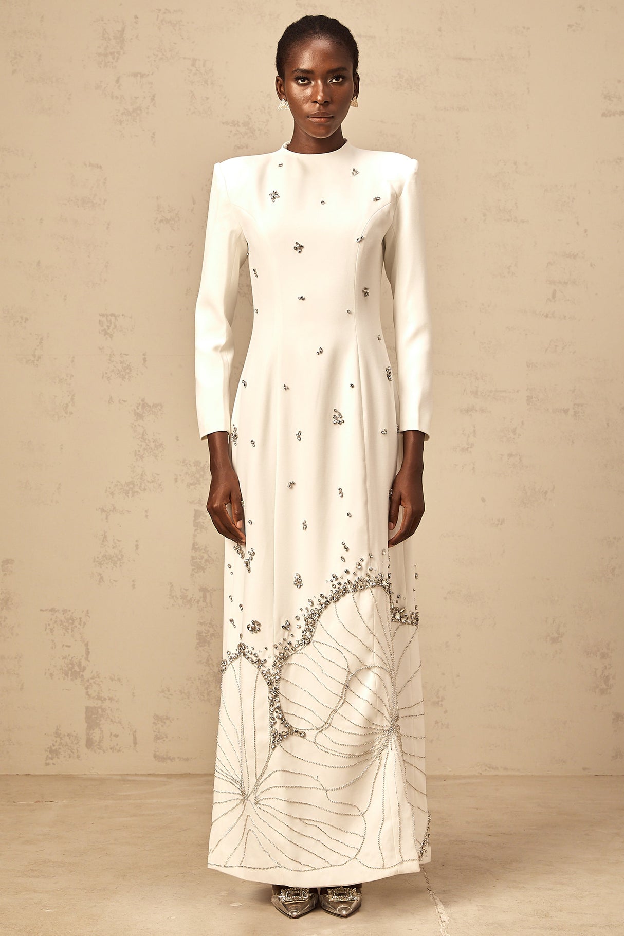 Aurohaya Daphné white lotus-motif embellished maxi dress