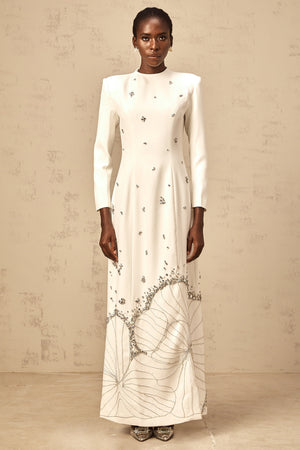 Aurohaya Daphné white lotus-motif embellished maxi dress