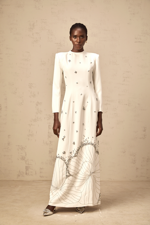 Aurohaya Daphné white lotus-motif embellished maxi dress