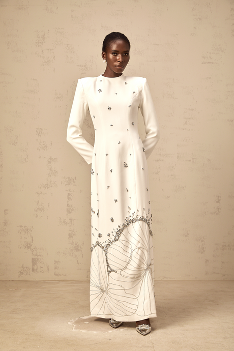 Aurohaya Daphné white lotus-motif embellished maxi dress