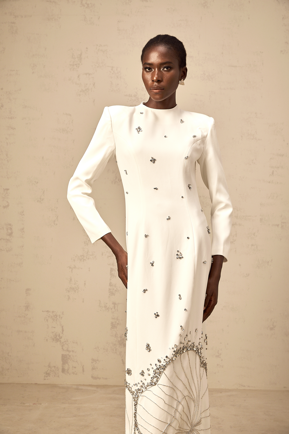 Aurohaya Daphné white lotus-motif embellished maxi dress