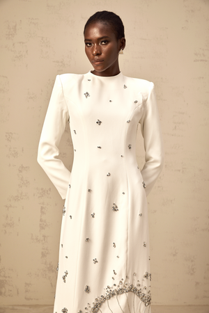 Aurohaya Daphné white lotus-motif embellished maxi dress
