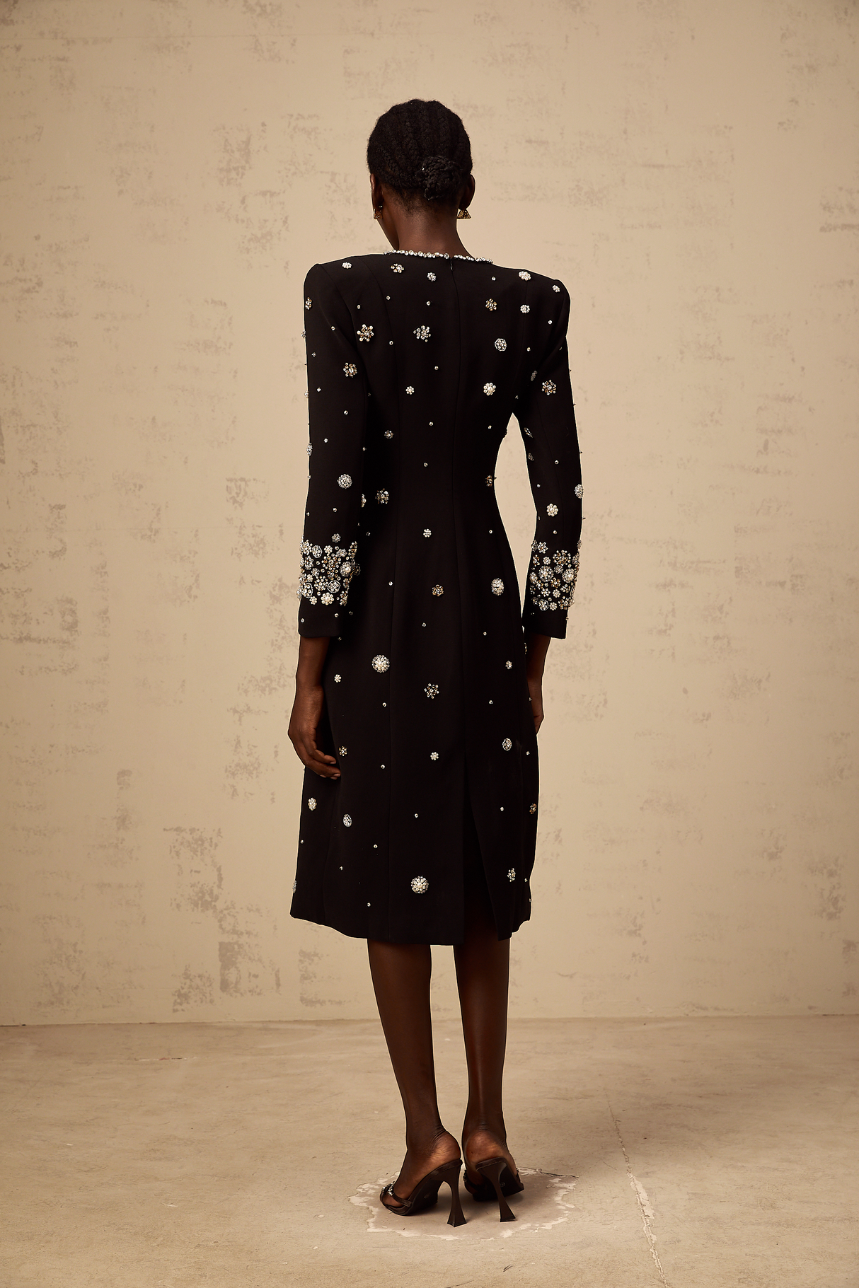 Aurohaya Gaëlle black dart-detail embellished midi dress