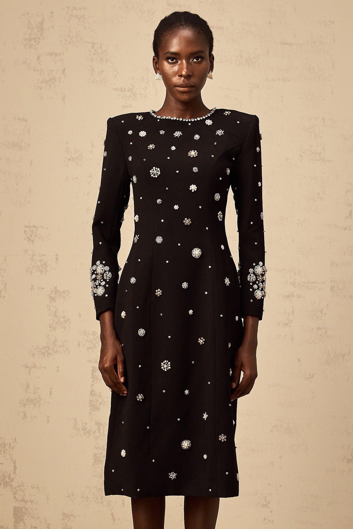 Aurohaya Gaëlle black dart-detail embellished midi dress