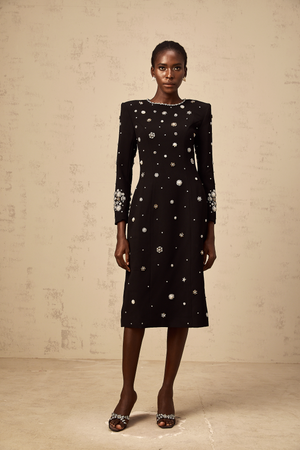 Aurohaya Gaëlle black dart-detail embellished midi dress