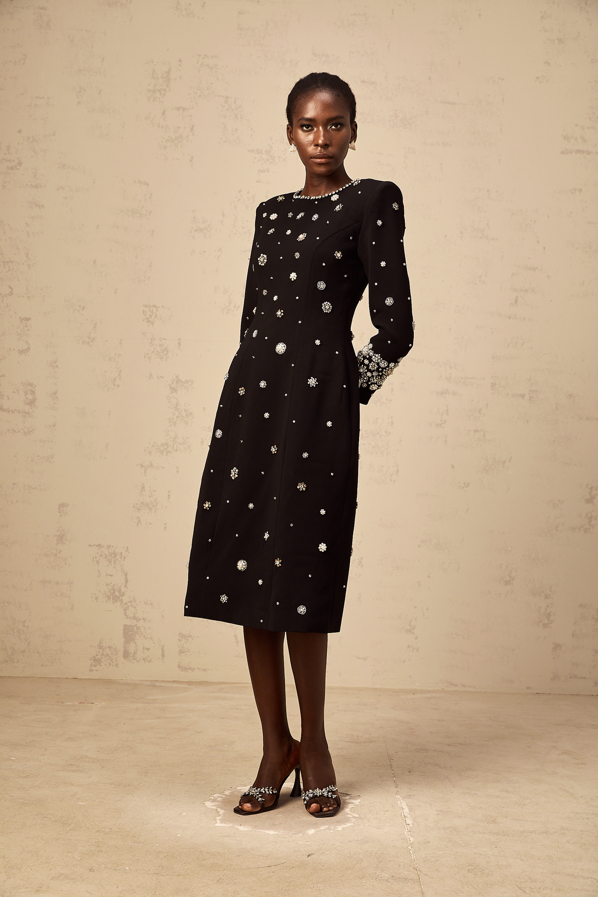 Aurohaya Gaëlle black dart-detail embellished midi dress