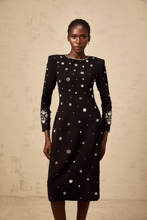 Aurohaya Gaëlle black dart-detail embellished midi dress