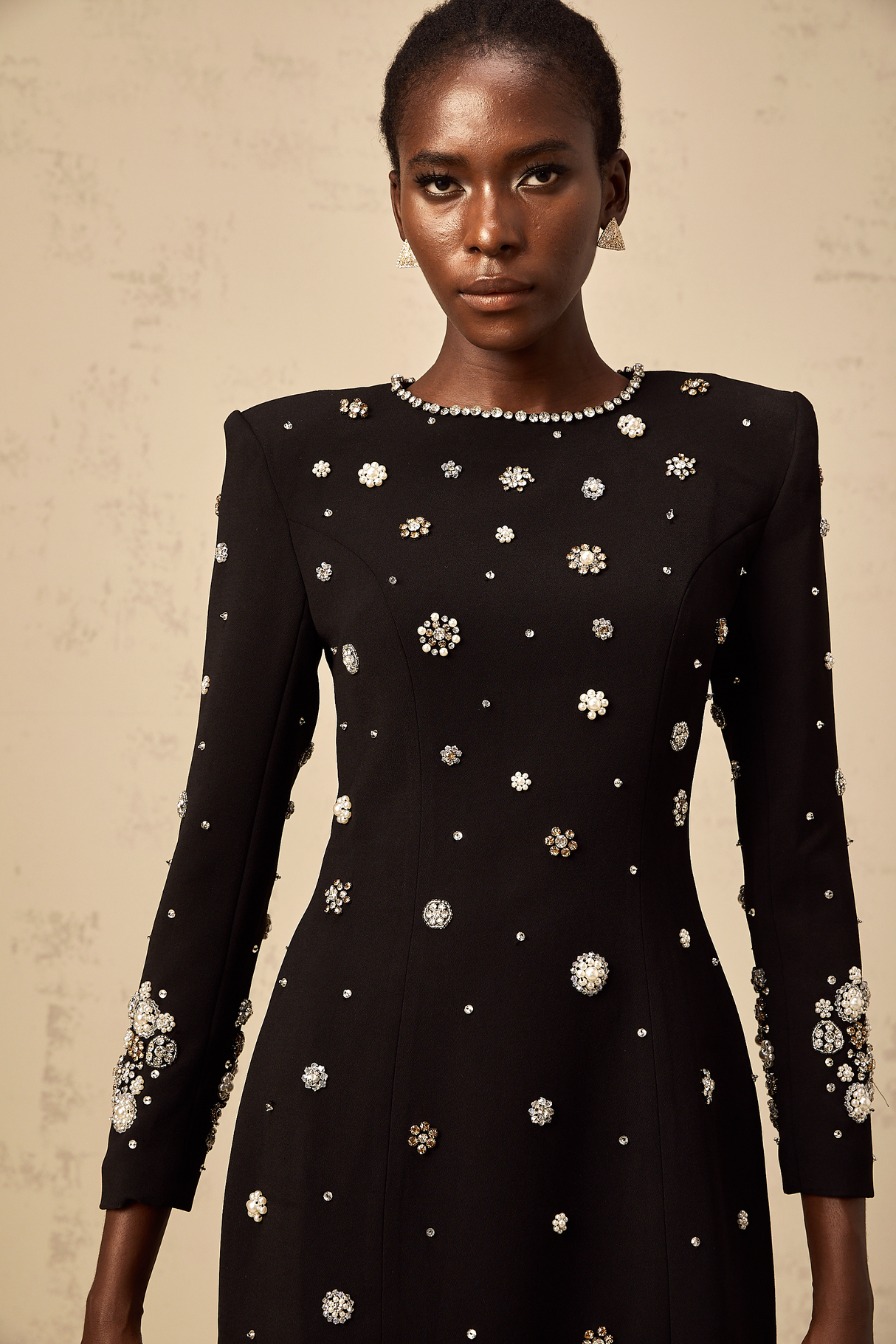 Aurohaya Gaëlle black dart-detail embellished midi dress