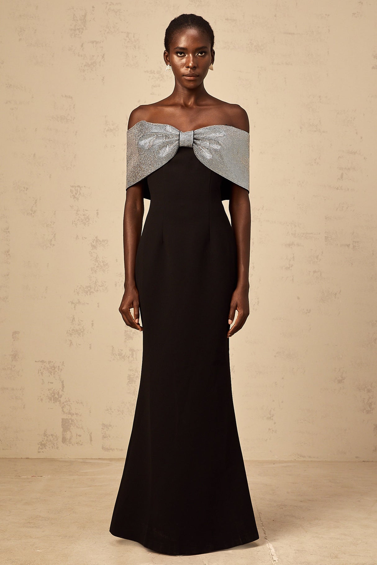 Aurohaya Chloé black rhinestone-bow off-shoulder maxi dress