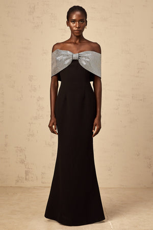 Aurohaya Chloé black rhinestone-bow off-shoulder maxi dress