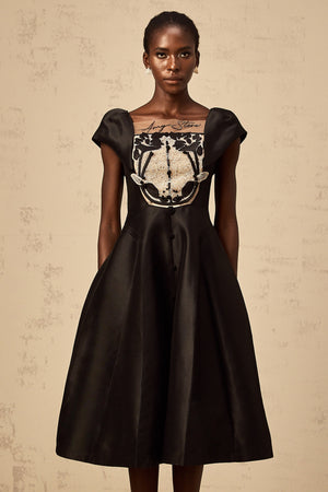 Aurohaya Ulrique black floral-appliqué satin midi dress