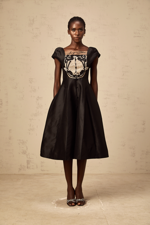 Aurohaya Ulrique black floral-appliqué satin midi dress