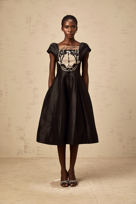 Aurohaya Ulrique black floral-appliqué satin midi dress