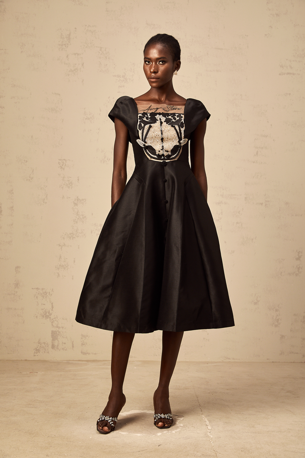 Aurohaya Ulrique black floral-appliqué satin midi dress