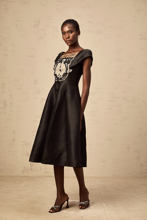 Aurohaya Ulrique black floral-appliqué satin midi dress