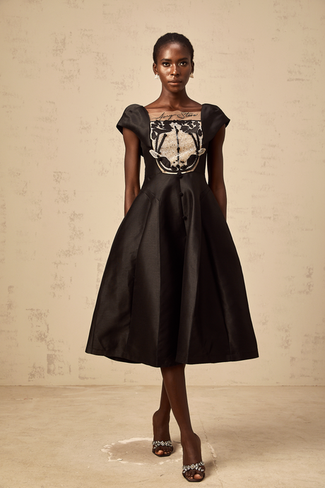 Aurohaya Ulrique black floral-appliqué satin midi dress