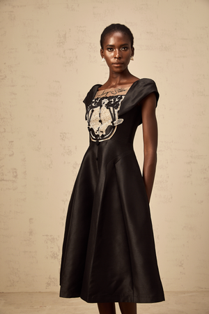 Aurohaya Ulrique black floral-appliqué satin midi dress