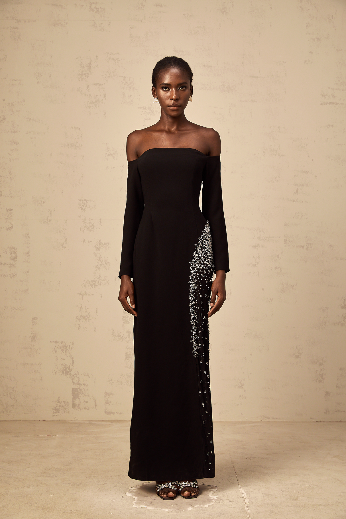 Aurohaya Hyacinthe black mesh-panel embellished maxi dress