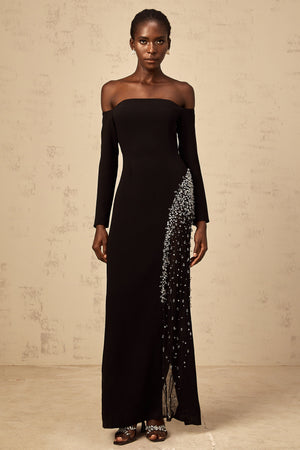 Aurohaya Hyacinthe black mesh-panel embellished maxi dress