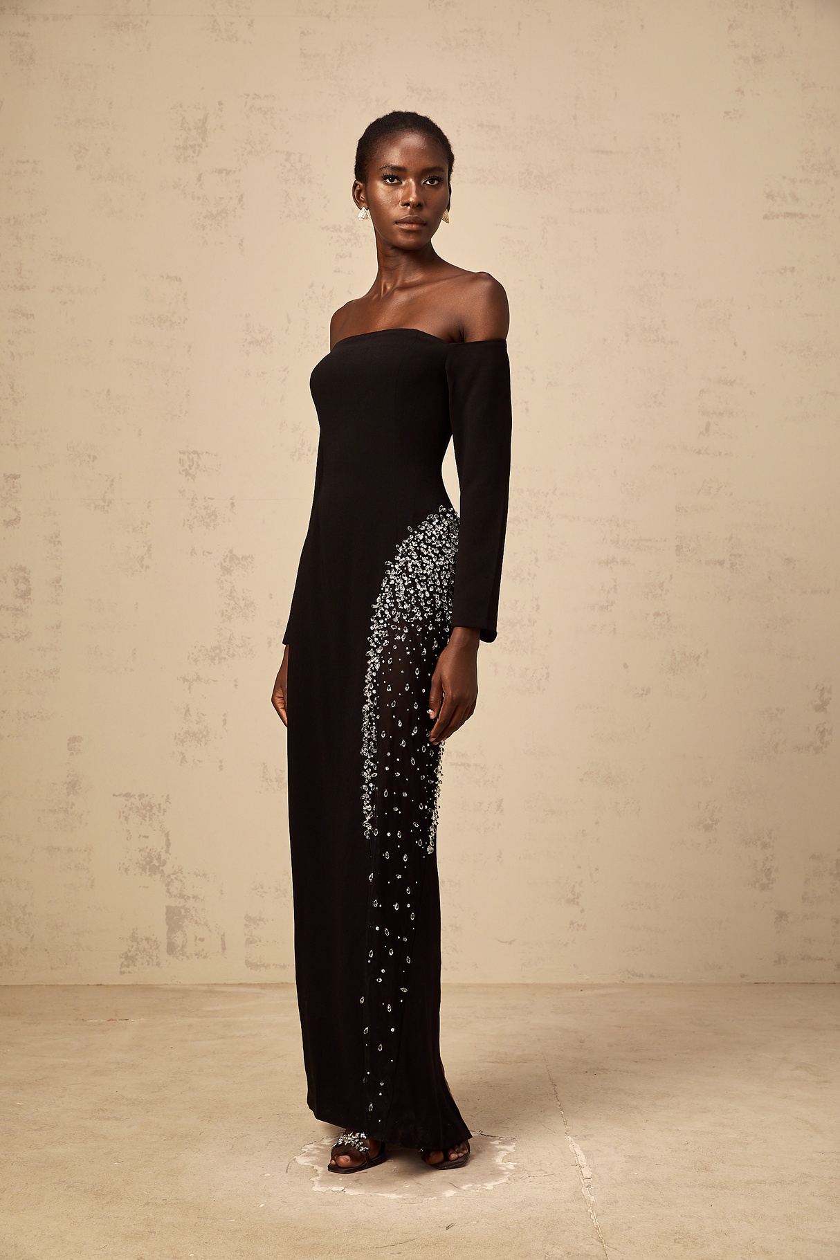 Aurohaya Hyacinthe black mesh-panel embellished maxi dress